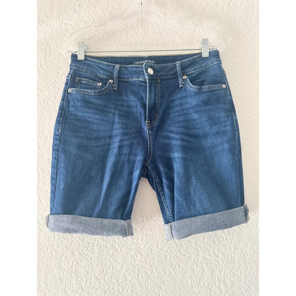Calvin Klein Jeans Womens Dark Wash Denim Bermuda Shorts Size 8 Cuffed Stretch